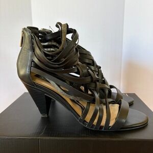 INC International Concepts Garold 9M Black Leather Strappy Cage Heel Gladiator